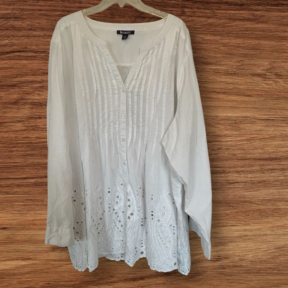 Roaman's Lace Boho Top Women's Plus Size White Bohemian Shirt Size 32W